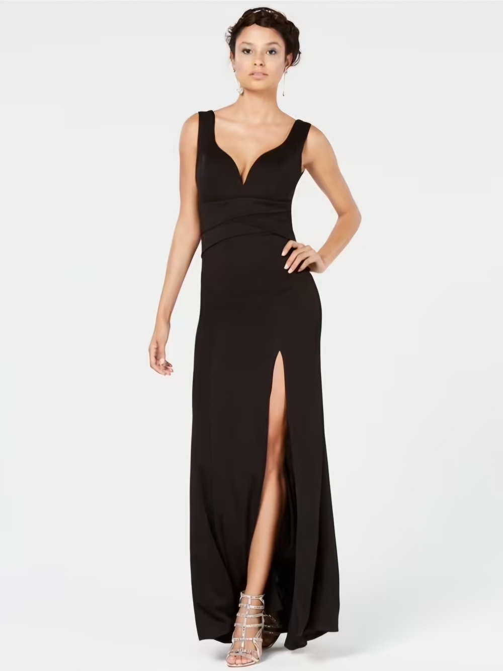 Emerald Sundae Black V-Neck Maxi Dress with High Slit